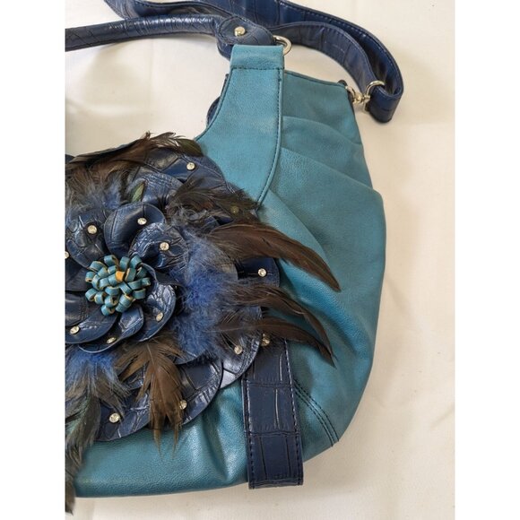 GG..ing Blue Flower with Feathers Crossbody Shoulder Bag Adjustable Faux Leather - Picture 5 of 16